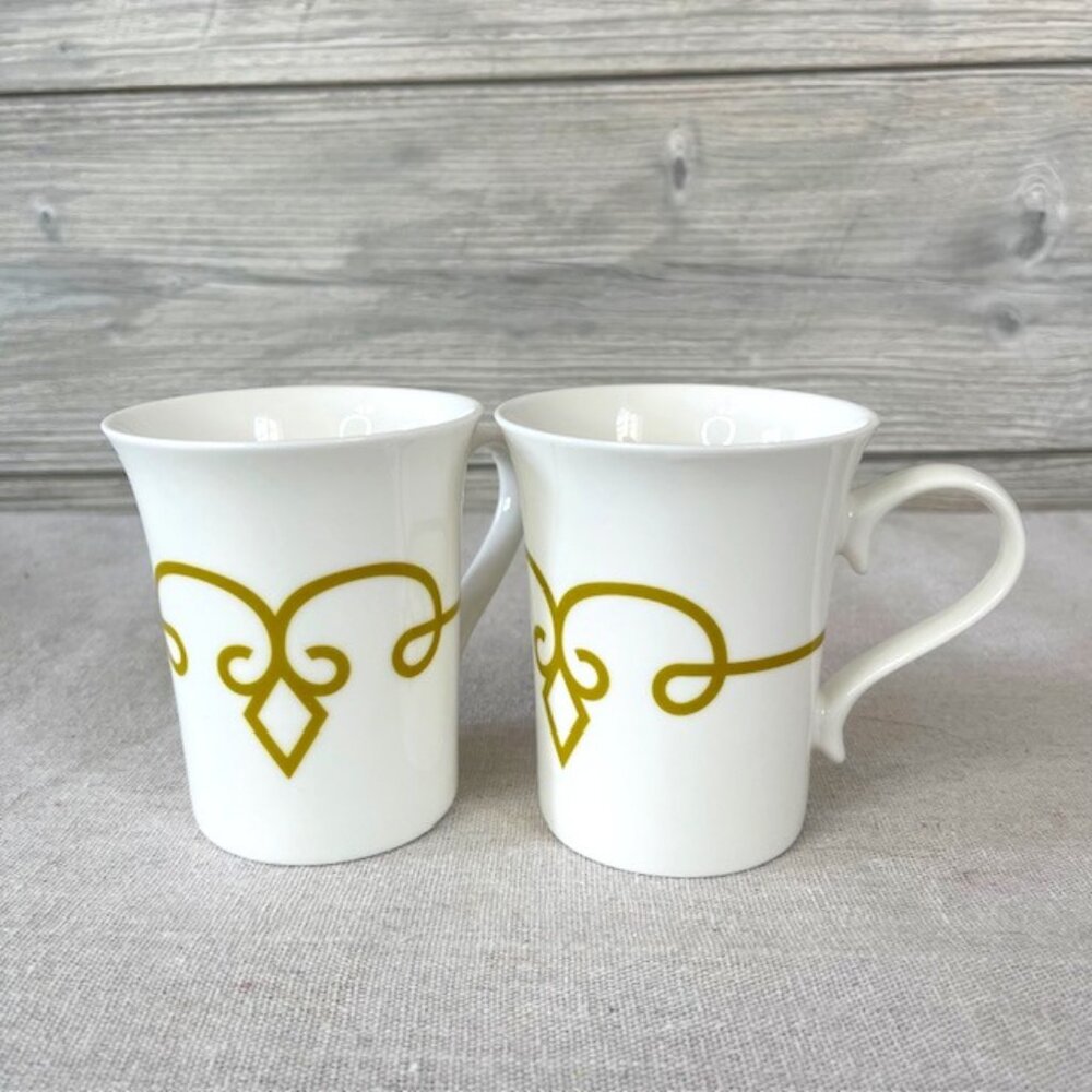 Set of 2 Starbucks 2015 Gold Scroll Diamond 8.5 oz Curved Porcelain Mug Coffee